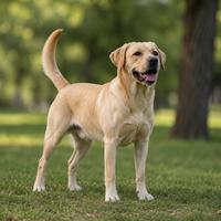 Perro Labrador Retriever color crema de pie sobre césped en un parque, con expresión feliz, ideal para búsquedas sobre labrador retriever, perro familiar, perro de compañía, raza de perro y mascota.