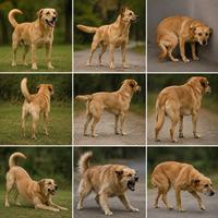 Perro mostrando diferentes posiciones de la cola y lenguaje corporal canino, ilustrando señales de felicidad, miedo, estrés, alerta y comunicación emocional en perros domésticos.