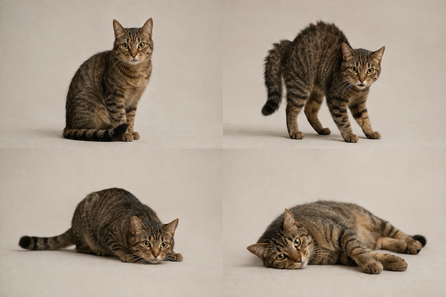 Lenguaje corporal de los gatos con cuatro posturas felinas que muestran señales de relajación, alerta, miedo y juego para aprender a interpretar el comportamiento de tu gato.