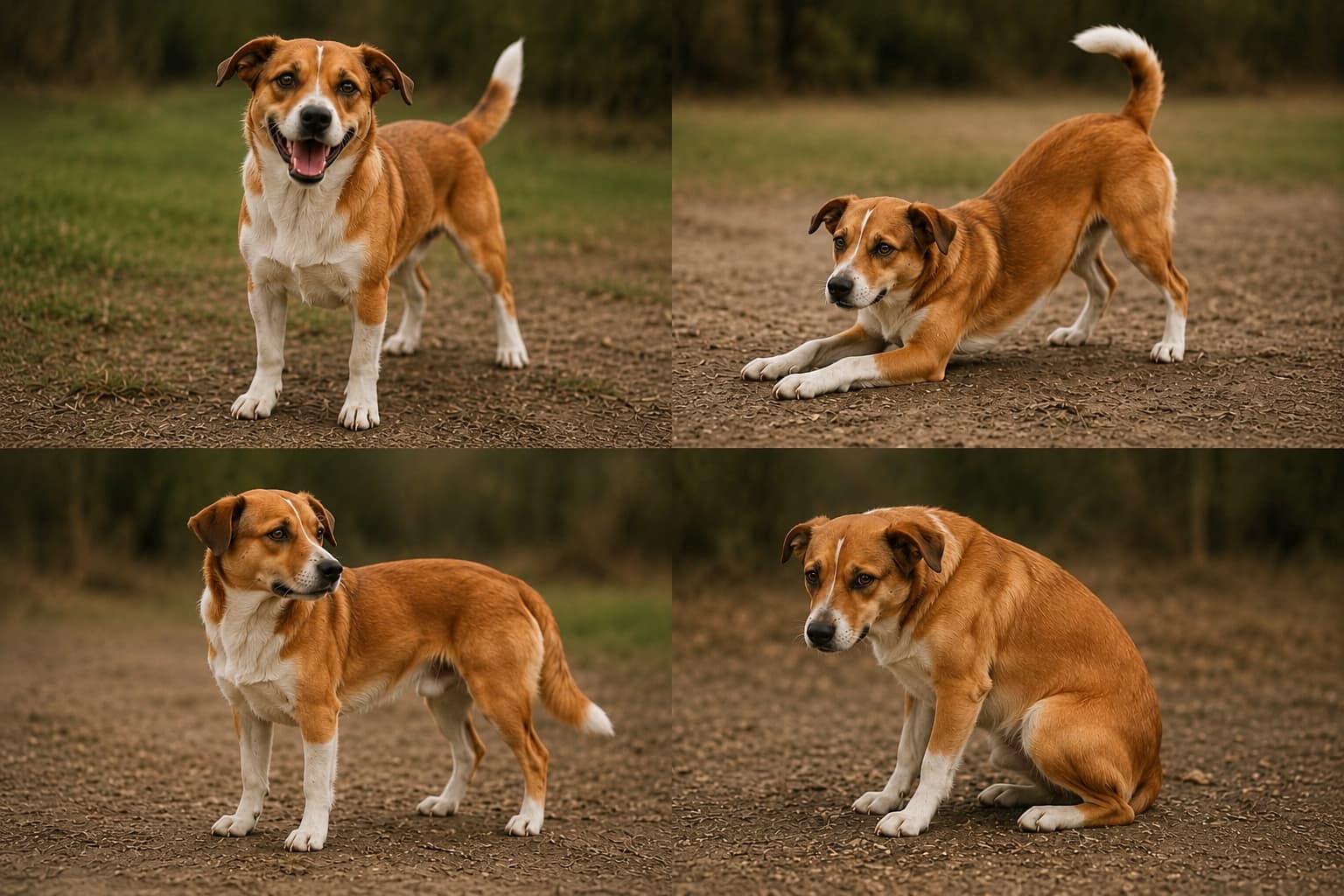 Lenguaje corporal del perro con diferentes posturas y emociones caninas: perro feliz, juguetón, alerta y con señales de estrés.