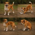 Lenguaje corporal del perro con diferentes posturas y emociones caninas: perro feliz, juguetón, alerta y con señales de estrés.