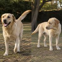 Dos perros Labrador Retriever mostrando diferentes movimientos de la cola: uno con un movimiento amplio y relajado que refleja alegría, y otro con un movimiento más corto y rígido asociado a excitación o tensión. Imagen ideal para búsquedas sobre lenguaje corporal canino, comportamiento del perro, comunicación canina y señales de la cola en perros.