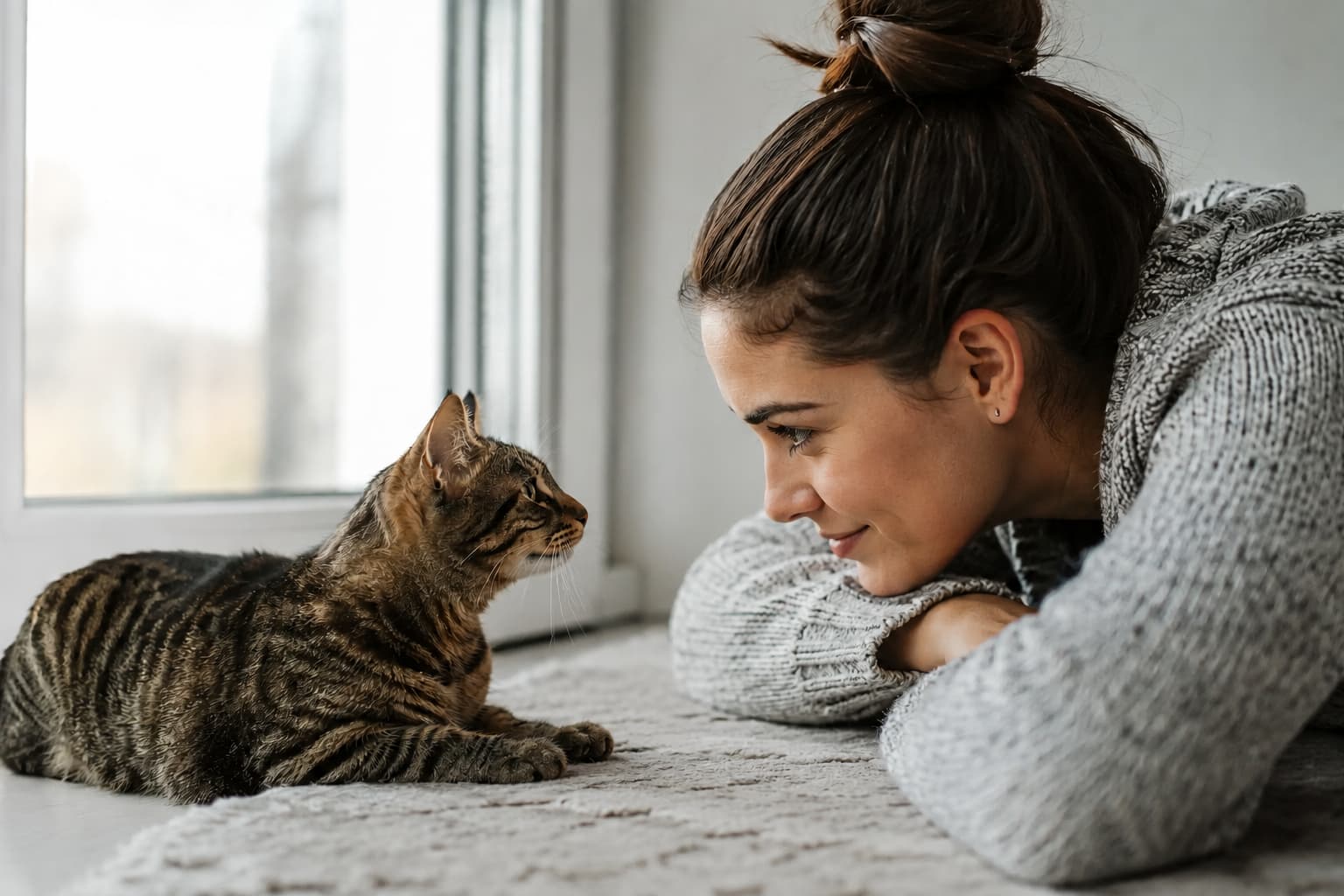 Mujer mirando con cariño a su gato atigrado en casa, escena de amor por las mascotas, bienestar animal, convivencia con gatos y hogar acogedor.