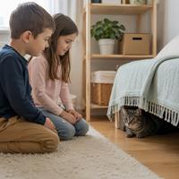 Niños observando con calma a un gato adoptado escondido bajo una cama durante sus primeros días en casa. Adaptación felina, convivencia con niños y creación de confianza en el nuevo hogar.