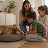 Niños respetando el espacio de un perro recién llegado a casa, favoreciendo una adaptación tranquila, reduciendo el estrés y ayudando a crear confianza durante los primeros días.