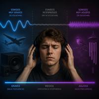Ilustración realista de una persona con pérdida auditiva que solo percibe sonidos muy graves y muy agudos, sin escuchar las frecuencias medias, representando de forma visual el rango de audición humana y la percepción del sonido.