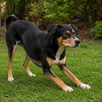 Perro con las patas delanteras adelantadas y el cuerpo inclinado hacia delante, mostrando interés, atención y disposición para explorar según su lenguaje corporal canino.