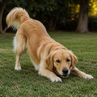 Perro con el cuerpo agachado y las patas delanteras flexionadas, mostrando una invitación al juego, curiosidad y lenguaje corporal canino amistoso.