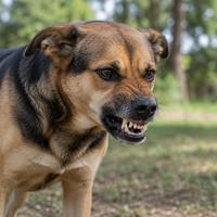 Perro agresivo mostrando los dientes y gruñendo al aire libre, imagen de comportamiento canino, señales de advertencia, ataque de perro, lenguaje corporal y seguridad con mascotas.