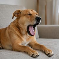 Perro bostezando de forma repetida en casa, señal de estrés, ansiedad o tensión emocional, comportamiento canino que ayuda a comprender el lenguaje corporal y el bienestar de la mascota.
