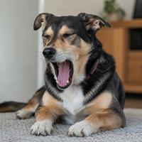Perro bostezando como señal de calma, mostrando lenguaje corporal canino, comunicación, manejo del estrés, bienestar y comportamiento natural del perro.