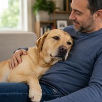 Perro Labrador Retriever apoyando su cuerpo sobre su dueño mientras recibe caricias, mostrando confianza, afecto y seguridad. Imagen ideal para búsquedas sobre lenguaje corporal canino, comportamiento del perro, vínculo entre perro y humano, confianza en perros y bienestar animal.