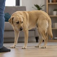 Perro Labrador Retriever con la cola baja y postura cautelosa en un entorno doméstico, reflejando inseguridad o desconfianza. Imagen ideal para búsquedas sobre lenguaje corporal canino, comportamiento del perro, señales de estrés en perros y comunicación canina.