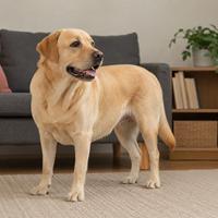 Perro Labrador Retriever con la cola relajada en posición natural dentro de casa, mostrando un estado de calma, bienestar y ausencia de estrés, ideal para búsquedas sobre lenguaje corporal canino, comportamiento del perro, mascotas y perros felices.
