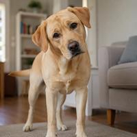 Perro Labrador Retriever con la cabeza ligeramente inclinada, mirada fija, orejas orientadas hacia el estímulo y cuerpo adelantado, mostrando curiosidad e interés. Imagen ideal para búsquedas sobre lenguaje corporal canino, comportamiento del perro, comunicación canina y señales de atención en perros.