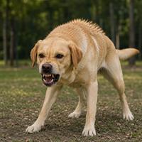 Perro Labrador Retriever en postura defensiva, con cuerpo rígido, pelo erizado, labios retraídos y mirada fija, mostrando una clara señal de alerta ante una posible amenaza. Imagen ideal para búsquedas sobre lenguaje corporal canino, comportamiento del perro, agresividad en perros, señales de advertencia y comunicación canina.