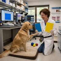 Perro golden retriever participando en un experimento científico de cognición canina para distinguir colores azul y amarillo en un laboratorio veterinario, estudio sobre visión, inteligencia y comportamiento animal.