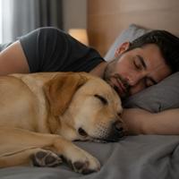 Perro Labrador Retriever durmiendo junto a su dueño en la cama, mostrando confianza, seguridad y un fuerte vínculo afectivo. Imagen ideal para búsquedas sobre lenguaje corporal canino, comportamiento del perro, confianza entre perro y humano, descanso de mascotas y bienestar animal.