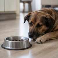 Perro con falta de apetito frente a su cuenco de comida, posible señal de estrés, ansiedad o problema de salud, comportamiento canino que requiere atención veterinaria si persiste.