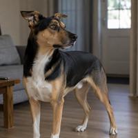 Perro en estado de hipervigilancia observando su entorno dentro de casa, comportamiento canino asociado al estrés, ansiedad e inseguridad, señal de alerta para cuidar el bienestar de la mascota.