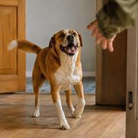 Perro ladrando de alegría al recibir a su dueño en casa, con cola moviéndose, expresión amistosa y actitud feliz, mostrando el lenguaje corporal canino y el comportamiento natural de un perro emocionado.