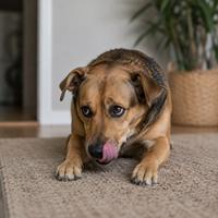 Perro lamiéndose el hocico sin comida presente, mostrando lenguaje corporal canino, señales de calma, nerviosismo, estrés leve y comunicación natural del perro.