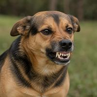 Perro mostrando los dientes como señal de advertencia, con lenguaje corporal canino de defensa, comunicación, comportamiento agresivo y señales de estrés en perros.