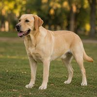 Perro Labrador Retriever relajado de pie en un parque, con cuerpo suelto, respiración calmada, boca ligeramente abierta y cola en posición natural. Imagen ideal para búsquedas sobre lenguaje corporal canino, comportamiento del perro, perro tranquilo, bienestar animal y señales de calma en perros.