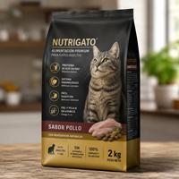 Envase de pienso para gatos premium sabor pollo, alimento completo y equilibrado con proteínas de alta calidad, ideal para una nutrición saludable y un pelaje brillante.