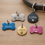 Placas identificativas personalizadas para perros de acero inoxidable con grabado resistente, ideales para collares, identificación rápida y mayor seguridad en caso de pérdida de la mascota.