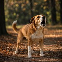 Perro ladrando con postura de alerta al aire libre, ejemplo de comunicación canina mediante ladridos y lenguaje corporal para expresar emociones como alegría, miedo o atención.