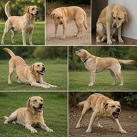 Diferentes posturas corporales de un perro Labrador Retriever que reflejan distintos estados emocionales, como calma, alerta, miedo, juego y tensión. Imagen ideal para búsquedas sobre lenguaje corporal canino, comportamiento del perro, comunicación canina y señales emocionales en perros.