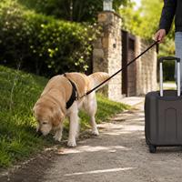 Perro recién llegado a casa tras un viaje largo realizando un primer paseo tranquilo para olfatear, relajarse y adaptarse al nuevo entorno antes de entrar en el hogar.