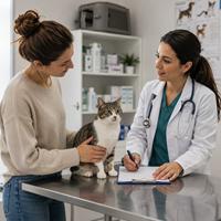 Veterinario revisando a un gato adoptado durante su primera consulta, asesoramiento sobre vacunas, alimentación, desparasitación y cuidados esenciales para garantizar la salud y el bienestar felino desde el primer día.