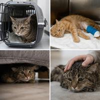 Gato ronroneando durante situaciones de estrés, miedo, dolor, recuperación tras una cirugía o visita al veterinario, mostrando señales del comportamiento felino y su estado de salud.