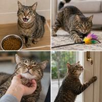 Gato ronroneando para pedir comida, jugar, recibir caricias o abrir una puerta, mostrando cómo utiliza el ronroneo para comunicarse con las personas.