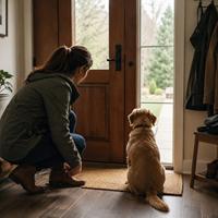 Perro esperando tranquilo junto a la puerta mientras su dueño se prepara para el paseo diario, representando una rutina estable que ayuda a reducir la ansiedad por separación y mejora el bienestar canino.