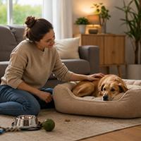 Perro recién adoptado descansando tranquilo en su nueva casa junto a su familia, adaptación positiva al hogar, rutinas estables, refuerzo positivo y consejos para reducir el estrés durante los primeros días de un perro adoptado.