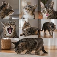 Collage de un gato doméstico mostrando diferentes señales de calma mediante su lenguaje corporal, como parpadeo lento, apartar la mirada, lamerse la nariz, bostezar, alejarse y olfatear el suelo para reducir el estrés y evitar conflictos.