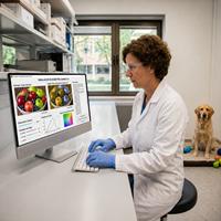 Veterinaria utilizando un simulador de biometría canina en ordenador para análisis visual y diagnóstico veterinario avanzado, con perro en laboratorio clínico especializado en salud animal.