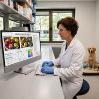 Investigadora utilizando un simulador de visión canina en laboratorio para analizar cómo ven los perros los colores, comparando la percepción visual canina con la visión humana mediante biometría y procesamiento digital de imágenes.