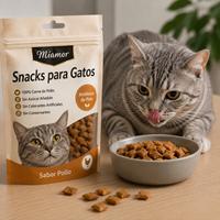 Snacks para gatos sabor pollo con alto contenido en proteínas, premios naturales y saludables ideales para el adiestramiento, complementar la alimentación y cuidar la salud de tu gato.