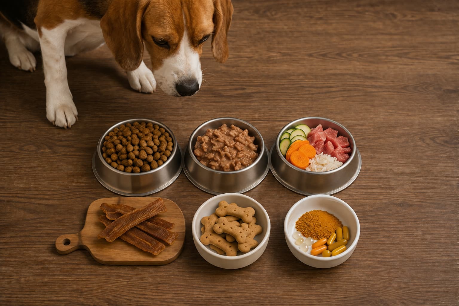 Tipos de alimentos para perros con pienso, comida húmeda, dieta natural, snacks y suplementos junto a un perro, guía de alimentación canina saludable y nutrición para mascotas.