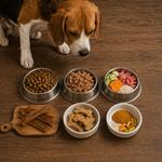 Tipos de alimentos para perros con pienso, comida húmeda, dieta natural, snacks y suplementos junto a un perro, guía de alimentación canina saludable y nutrición para mascotas.