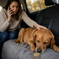 Perro con vómitos y malestar durante un viaje en coche mientras su dueña contacta con un veterinario, una situación que requiere atención veterinaria inmediata para proteger su salud.