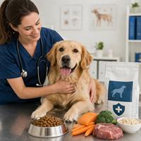 Veterinario revisando un perro junto a alimento terapéutico y dieta veterinaria especializada, nutrición clínica para controlar enfermedades crónicas, mejorar la salud canina y apoyar tratamientos médicos.