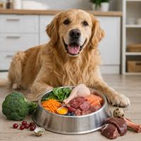 Perro Golden Retriever junto a un comedero con dieta BARF de carne cruda, verduras e ingredientes naturales, alimentación natural para perros que favorece un pelaje brillante, mayor energía y nutrición de alta calidad.