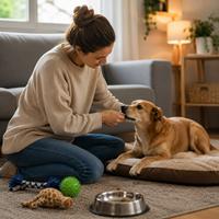 Persona reforzando el vínculo con un perro adoptado mediante premios y juego interactivo, educación canina positiva, confianza, bienestar animal y adaptación exitosa al nuevo hogar.