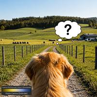 Perro golden retriever observando un paisaje rural con simulación de visión canina, mostrando cómo ven los perros los colores y cómo perciben el entorno según su visión dicromática natural.