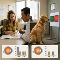 Comparativa entre la visión humana con daltonismo y la visión canina, mostrando cómo perciben los colores en pruebas visuales, ideal para explicar la visión de los perros, el daltonismo y la percepción del color en medicina veterinaria.